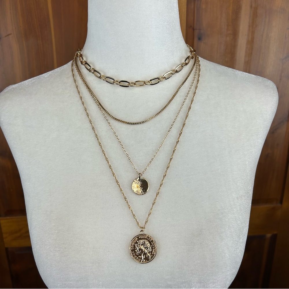 NEW - Macy's Multi Layered Strand Medallion Coin Pendant Gold Tone Necklace Glam